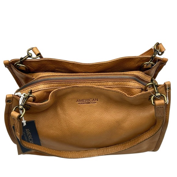 American Leather Co. Lenox Satchel Leather Bag 10X13X6" Tan-Brown Triple Entry - Picture 4 of 13